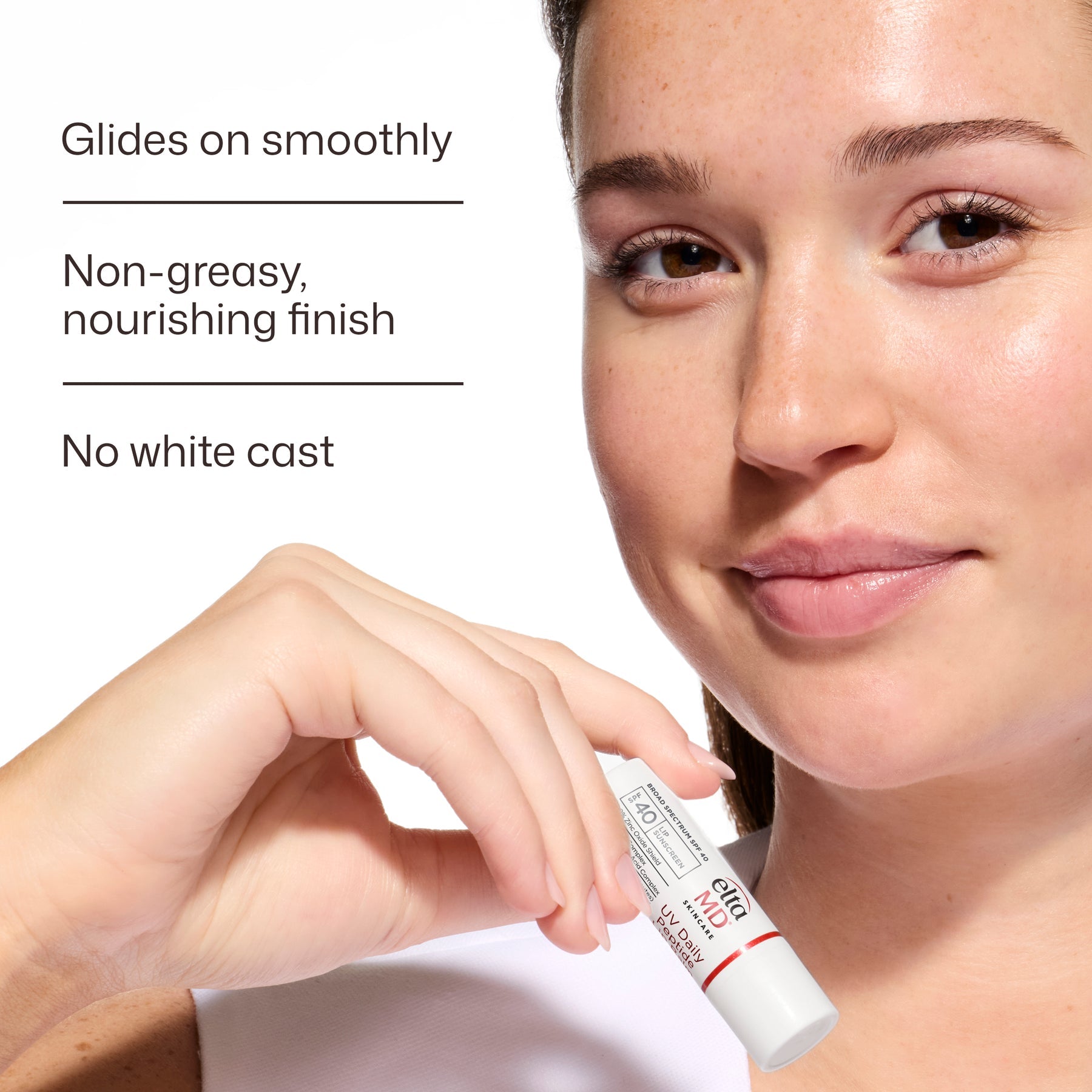 EltaMD UV Daily Peptide Lip Balm SPF 40 shown on lips with a smooth, non-greasy finish and no white cast.