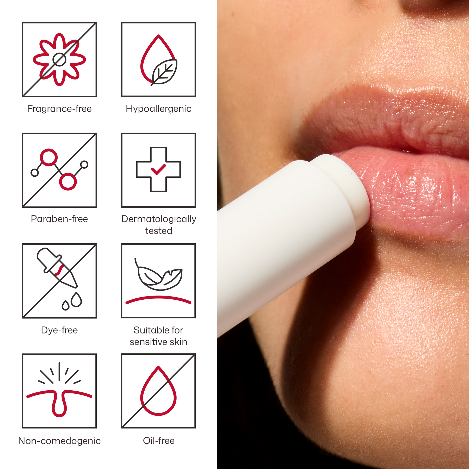 EltaMD UV Daily Peptide Lip Balm SPF 40 application with icons for fragrance-free, hypoallergenic, paraben-free, oil-free and sensitive skin.