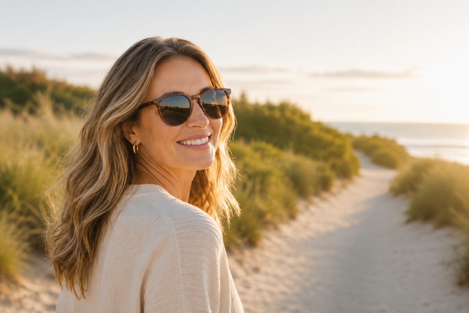 A smiling, middle-aged woman wearing sunglasses while walking along a sunny scenic coastal path with beach dunes and ocean views at golden hour.