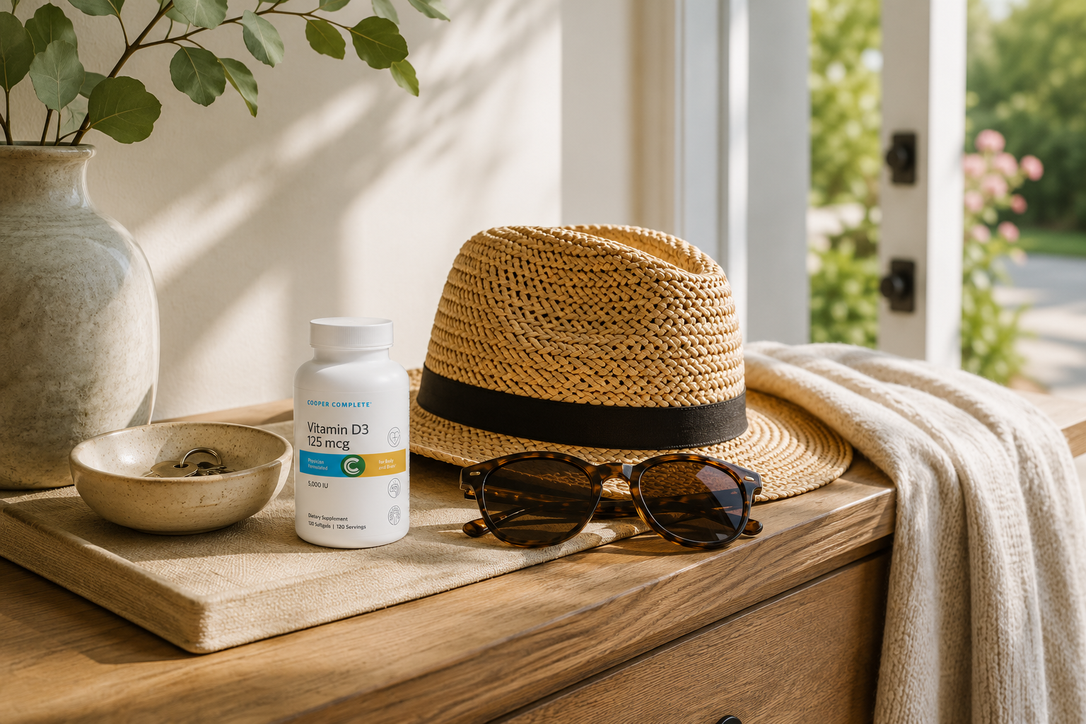 A bottle of Cooper Complete Vitamin D3 125 mcg displayed on a sunlit wooden entryway table with sunglasses and a straw hat.