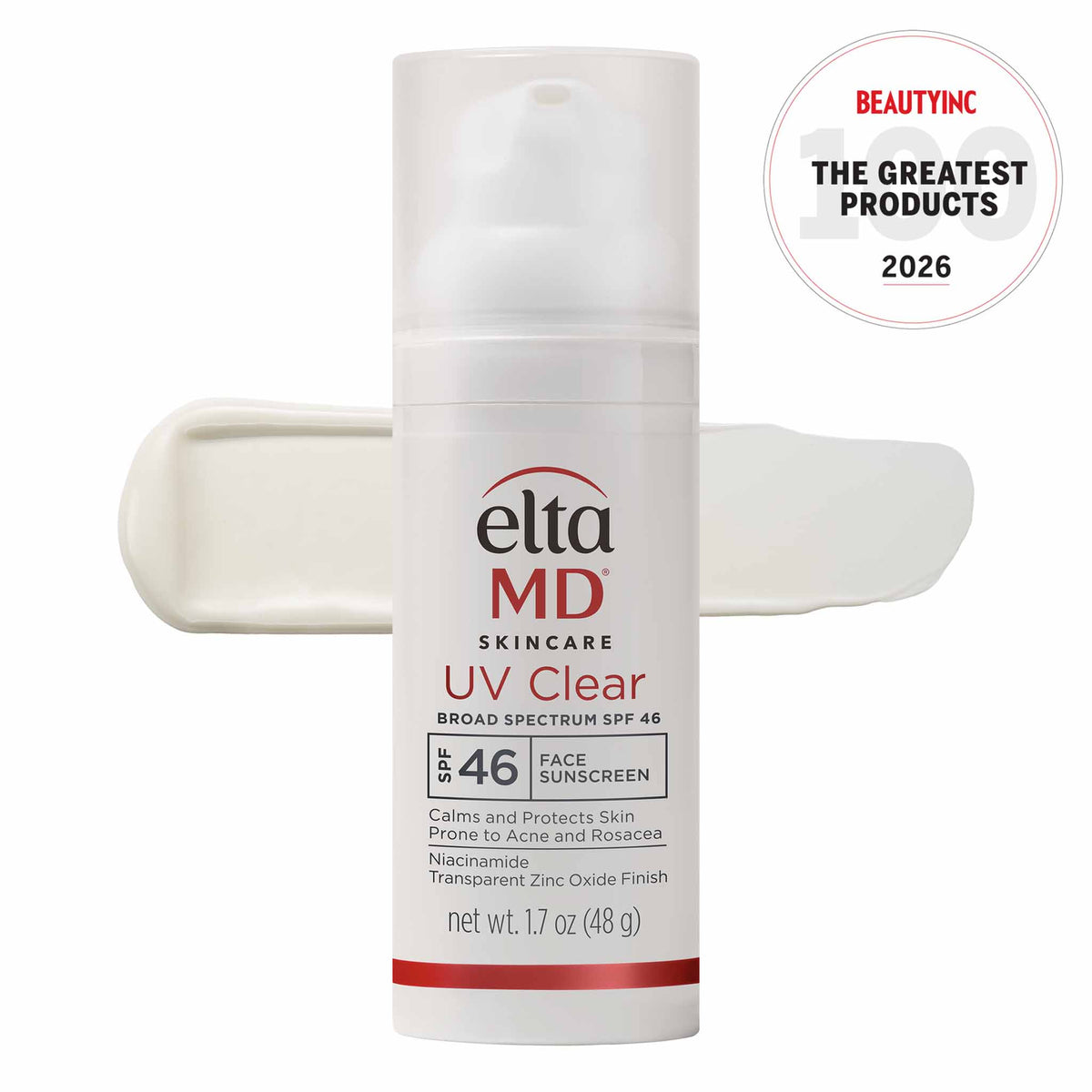 Bottle of EltaMD UV Clear Broad Spectrum SPF 46 against a white background with swatch of sunscreen for acne-prone skin.