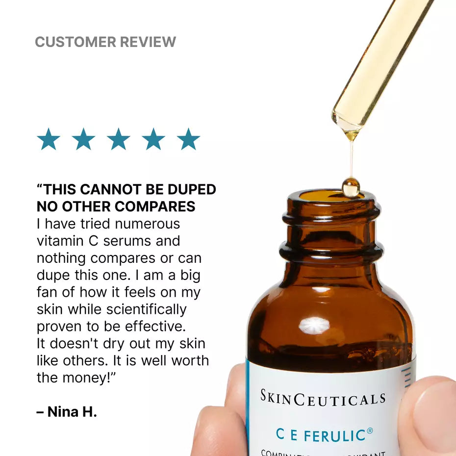 SkinCeuticals C E Ferulic customer review highlighting the feel and effectiveness of the antioxidant vitamin C serum.