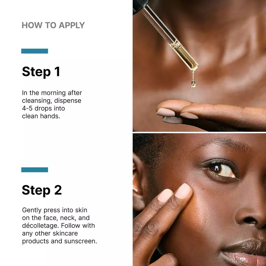 How to apply SkinCeuticals C E Ferulic with 4 to 5 drops pressed into the face, neck and décolletage in the morning.
