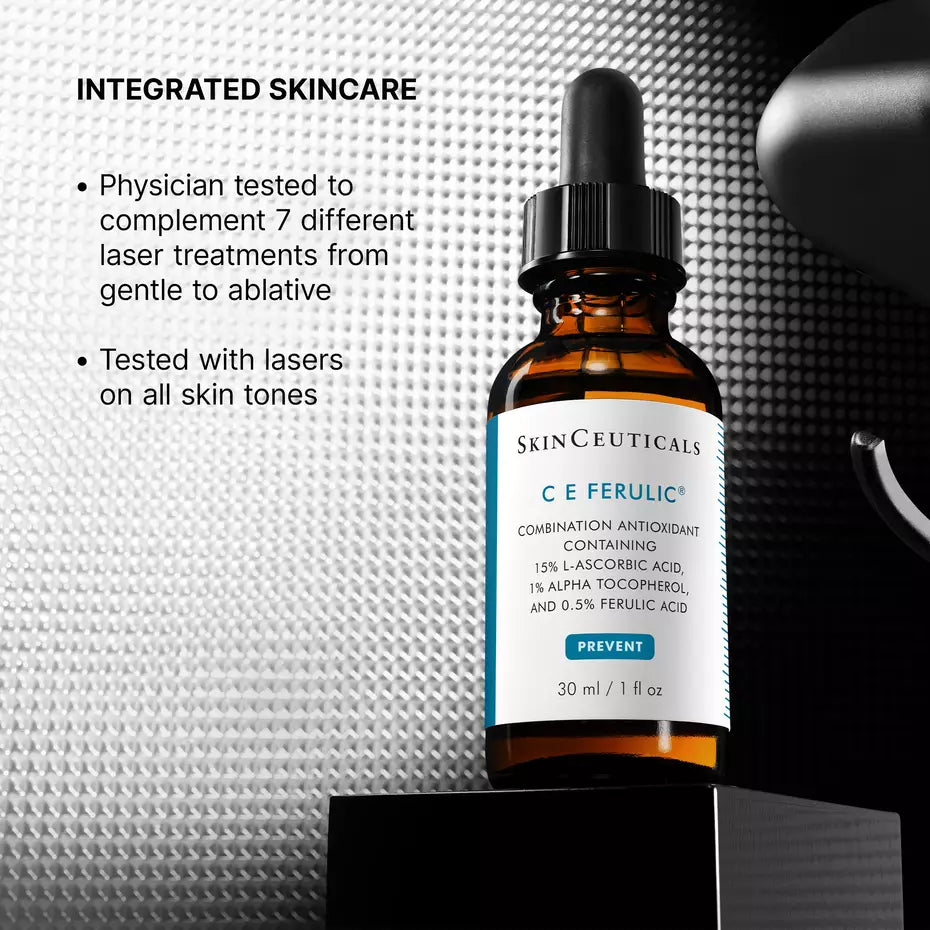 SkinCeuticals C E Ferulic shown as physician-tested skin care designed to complement multiple laser treatments across skin tones.
