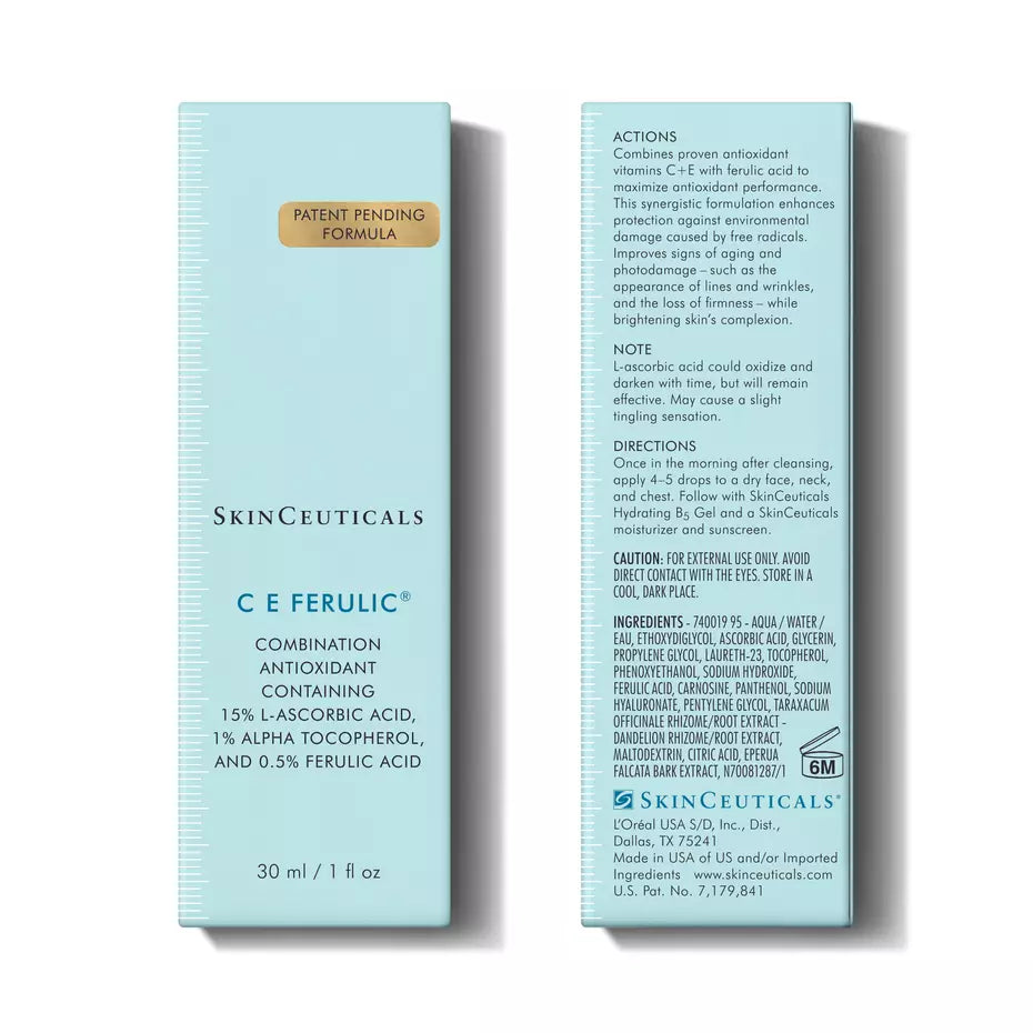 SkinCeuticals C E Ferulic 30 mL product box shown from front and back with formula, directions and ingredient information.