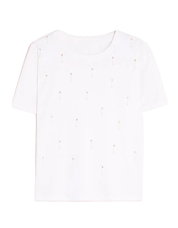 Vilagallo white T-shirt with rhinestone embellishments on a white background.