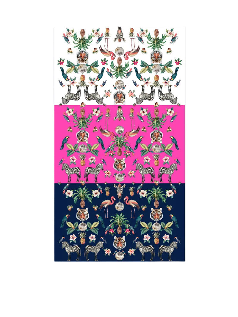 Vilagallo Jungle Disco oversized lightweight semi-sheer cotton-modal scarf featuring a vibrant tropical jungle print with colorful birds, exotic animals, lush foliage, and bold graphic stripes.