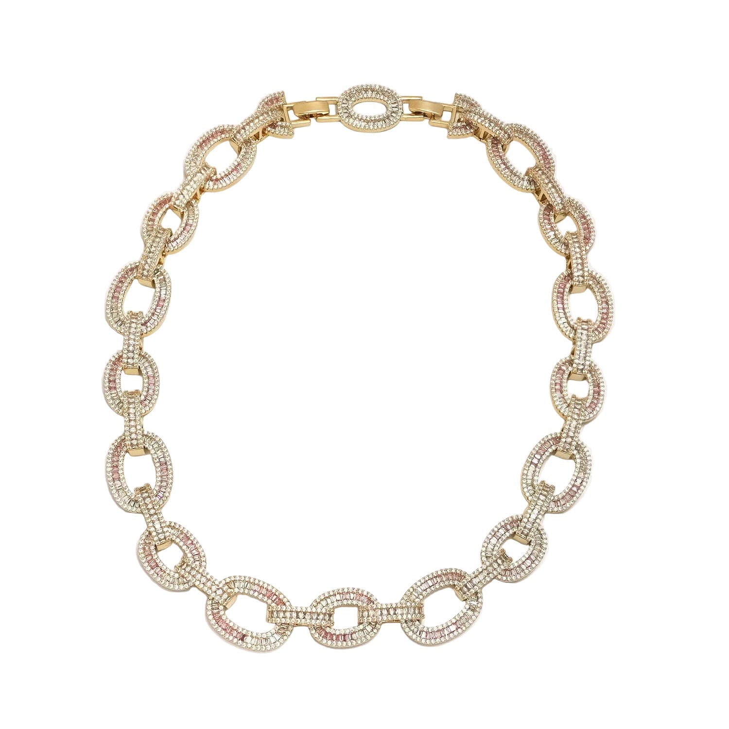 Full view of the Simply Jewels gold-tone cable chain choker necklace with a baguette-cut cubic zirconia centerpiece.