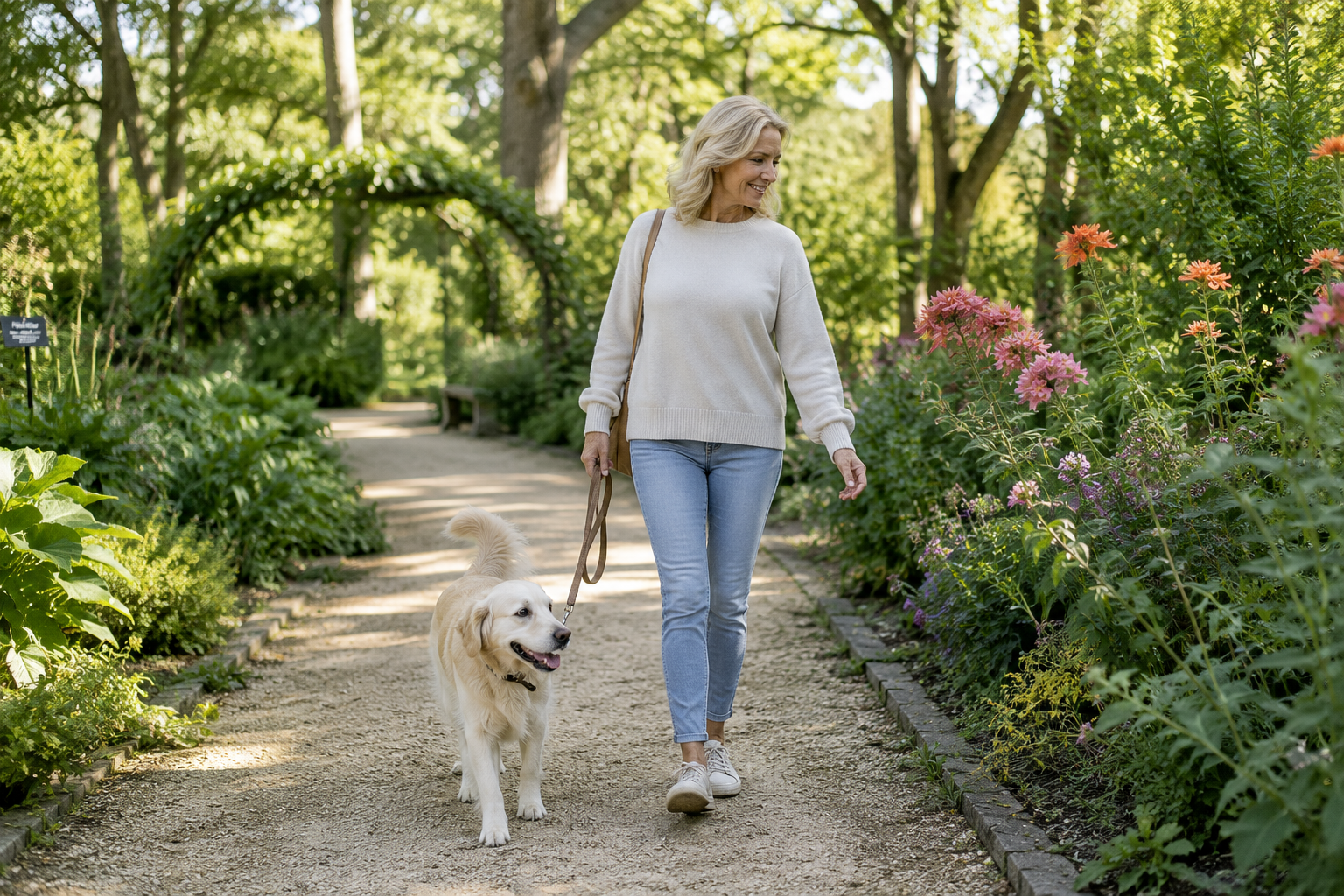 Smiling woman walking her golden retriever through a flower-lined garden path on a sunny day.