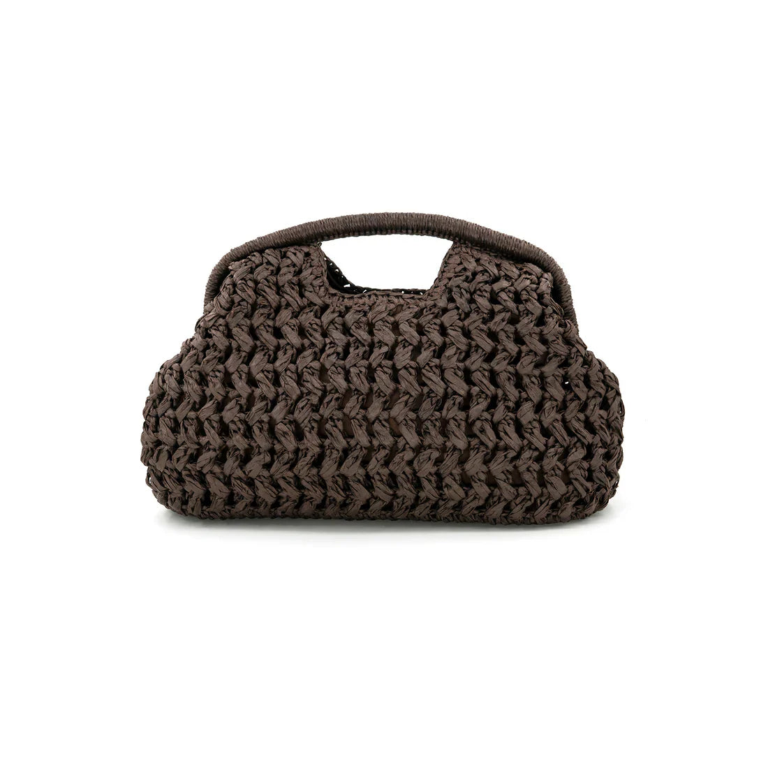 B&C Bags Portofino clutch in brown with a woven raffia-style texture and a structured envelope silhouette.