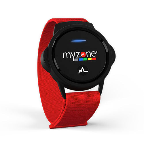 MYZONE MZ-Switch interchangeable heart rate monitor with chest strap, wrist strap, and arm strap, configured with wrist strap.