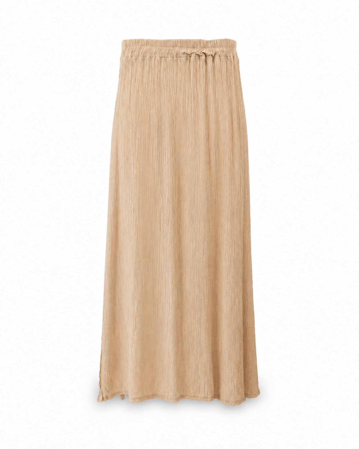 Front view of Be Fit women's Crinkle Elastic Waist Maxi Skirt in Camel.