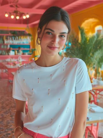 Model wearing the Vilagallo white T-shirt with rhinestone embellishments, front view.