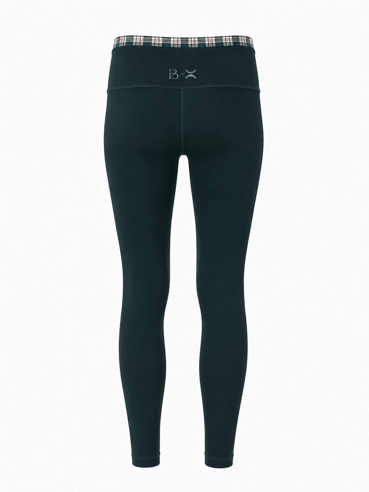 Back view of the Be Fit x Glee Botanic Green Verdant Leggings with a plaid upper waistband and centered logo.