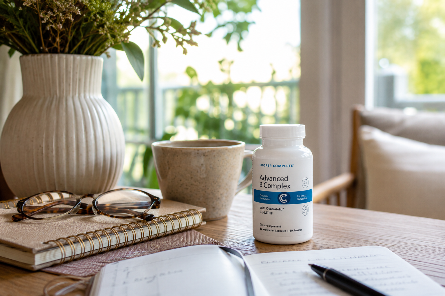 Cooper Complete Advanced B Complex supplement beside a coffee mug and notebook on a sunlit table.