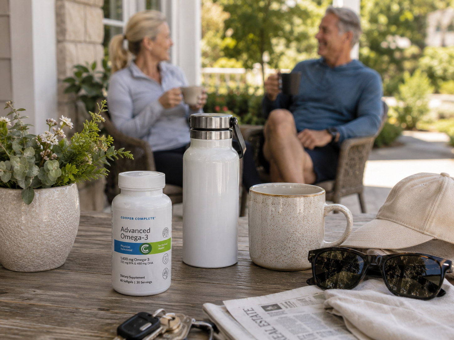 Cooper Complete Advanced Omega-3 softgels on a patio table with a water bottle and coffee mug as a couple relaxes outdoors.