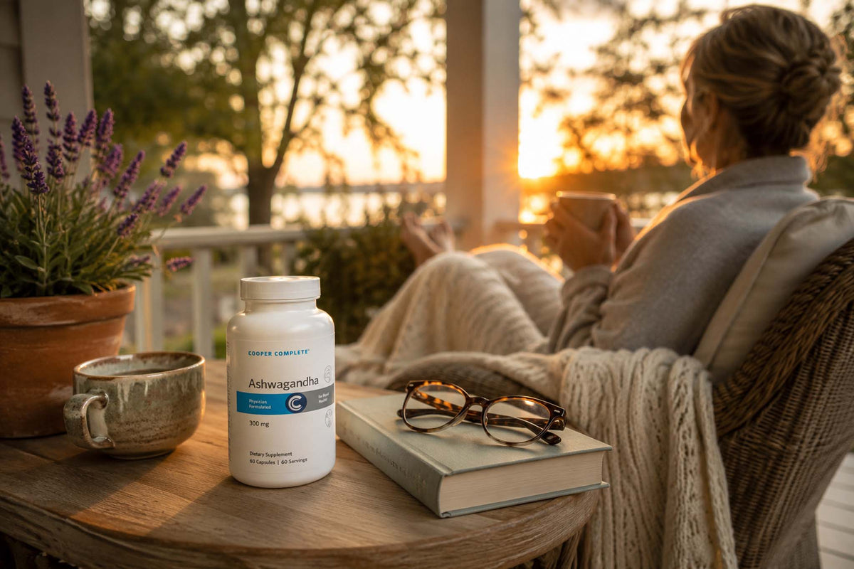 A woman relaxes on a porch at sunset while holding a mug, with a bottle of Cooper Complete Ashwagandha capsules and a book on a wooden table beside her.