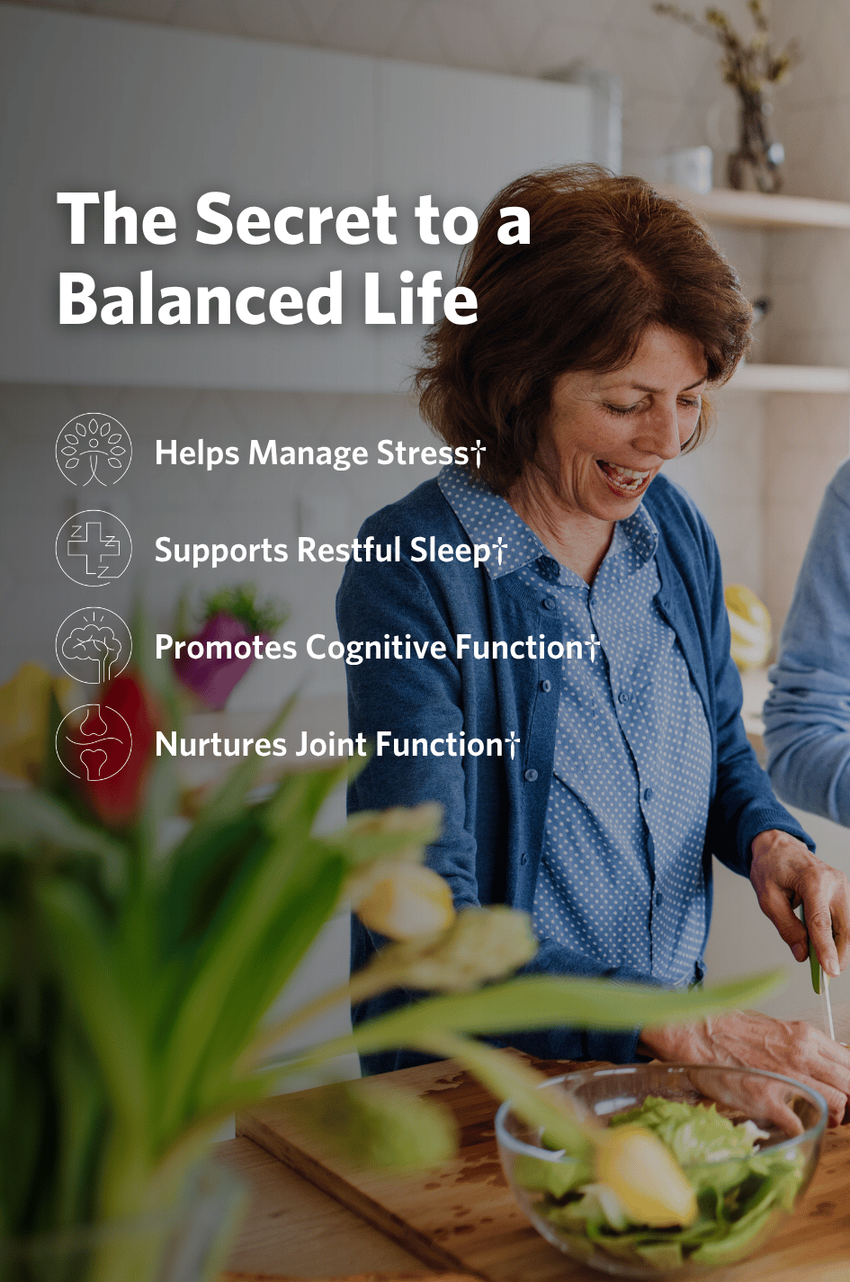 Woman preparing a salad in a kitchen with text about the benefits of Cooper Complete Ashwagandha supplement.