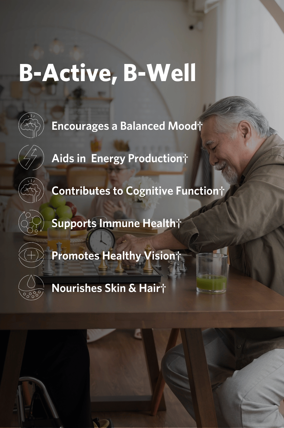 Older man playing chess at a table with a text overlay about Cooper Complete Advanced B Complex health benefits.