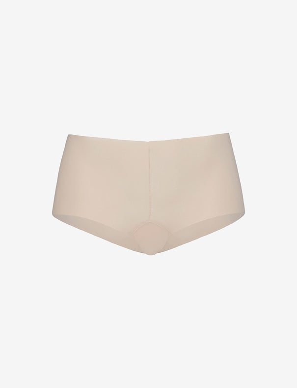 Front view of the Commando Classic Boy Short in Beige, highlighting the seamless design and raw-cut edges.