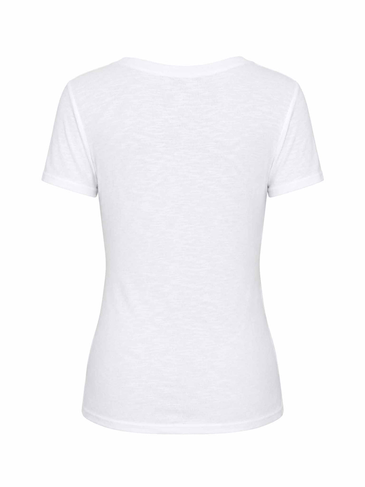 Be Fit white Baby Rib V-Neck Tee, back view with short sleeves and soft cotton rib texture