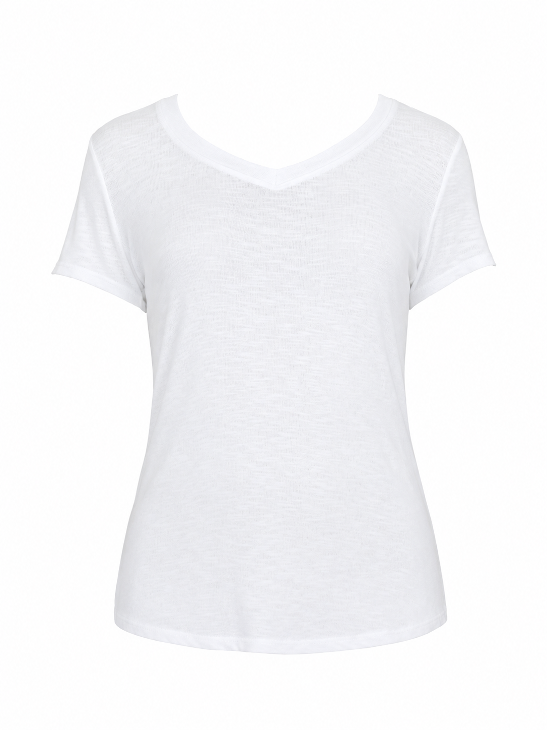 Be Fit white Baby Rib V-Neck Tee, front view with short sleeves and soft cotton rib texture