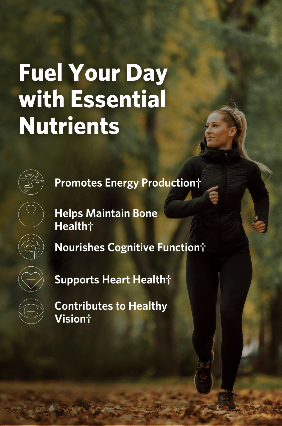 Woman running outdoors with text about essential nutrients in Cooper Complete Daily Multivitamin With Iron.