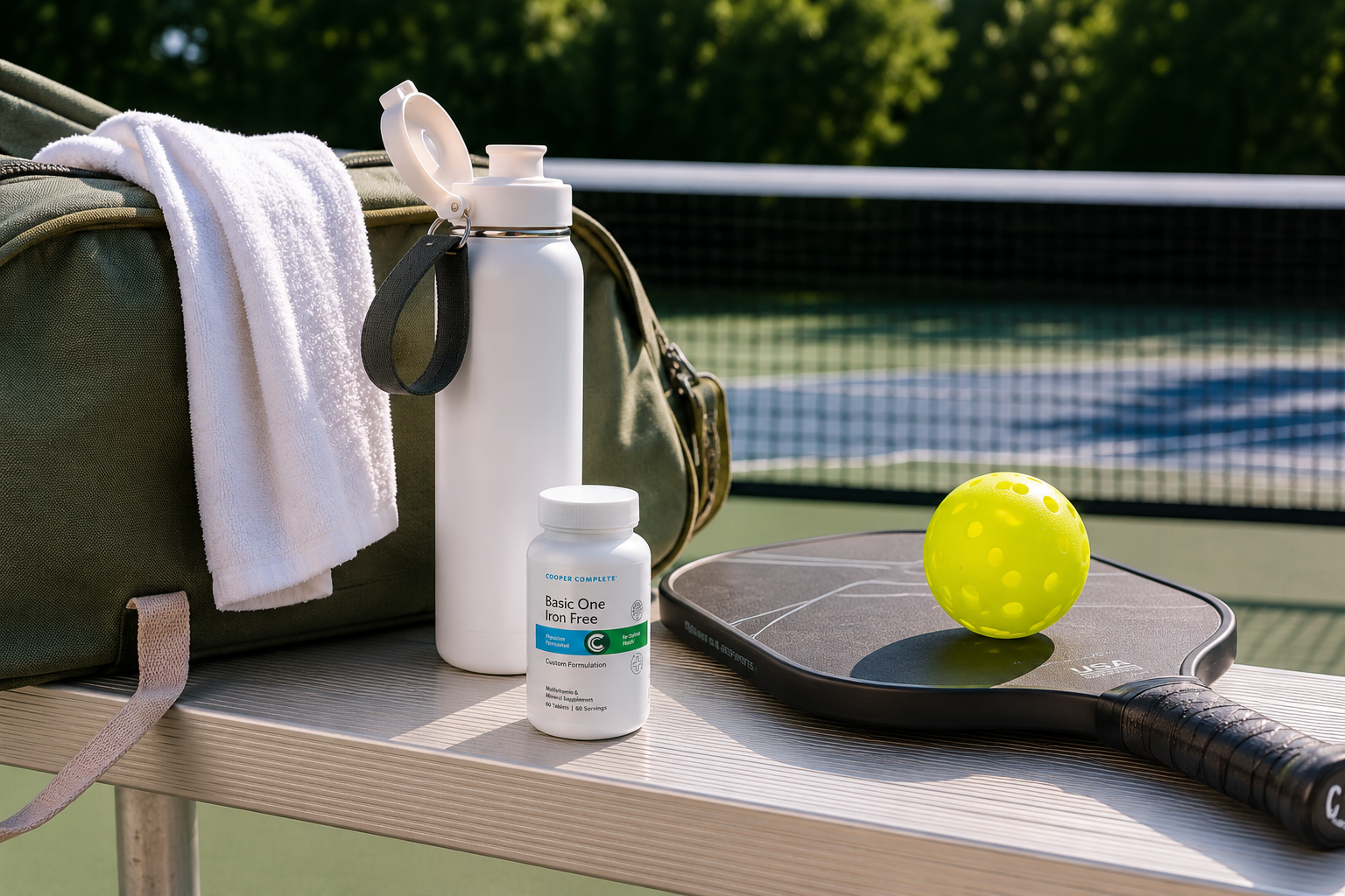 A white bottle of Cooper Complete Basic One Iron Free daily multivitamin sits on an outdoor table by a court, styled with a green bag, white towel, pickleball paddle, and yellow ball.