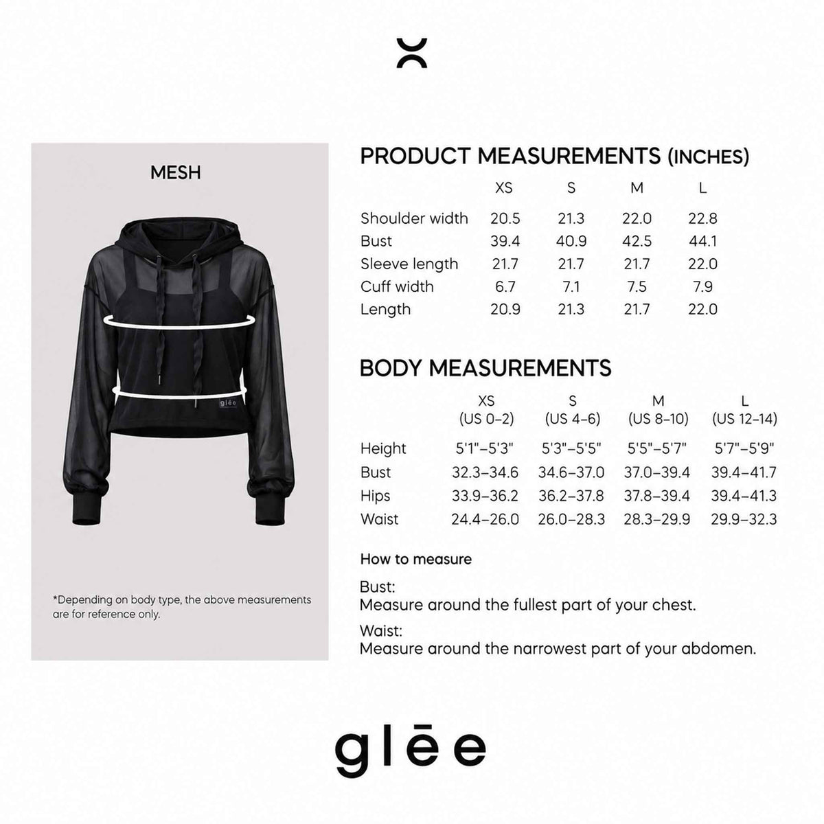 Be Fit x Glee top size guide with shoulder, bust, sleeve, cuff, length and body measurements for sizes XS through L.