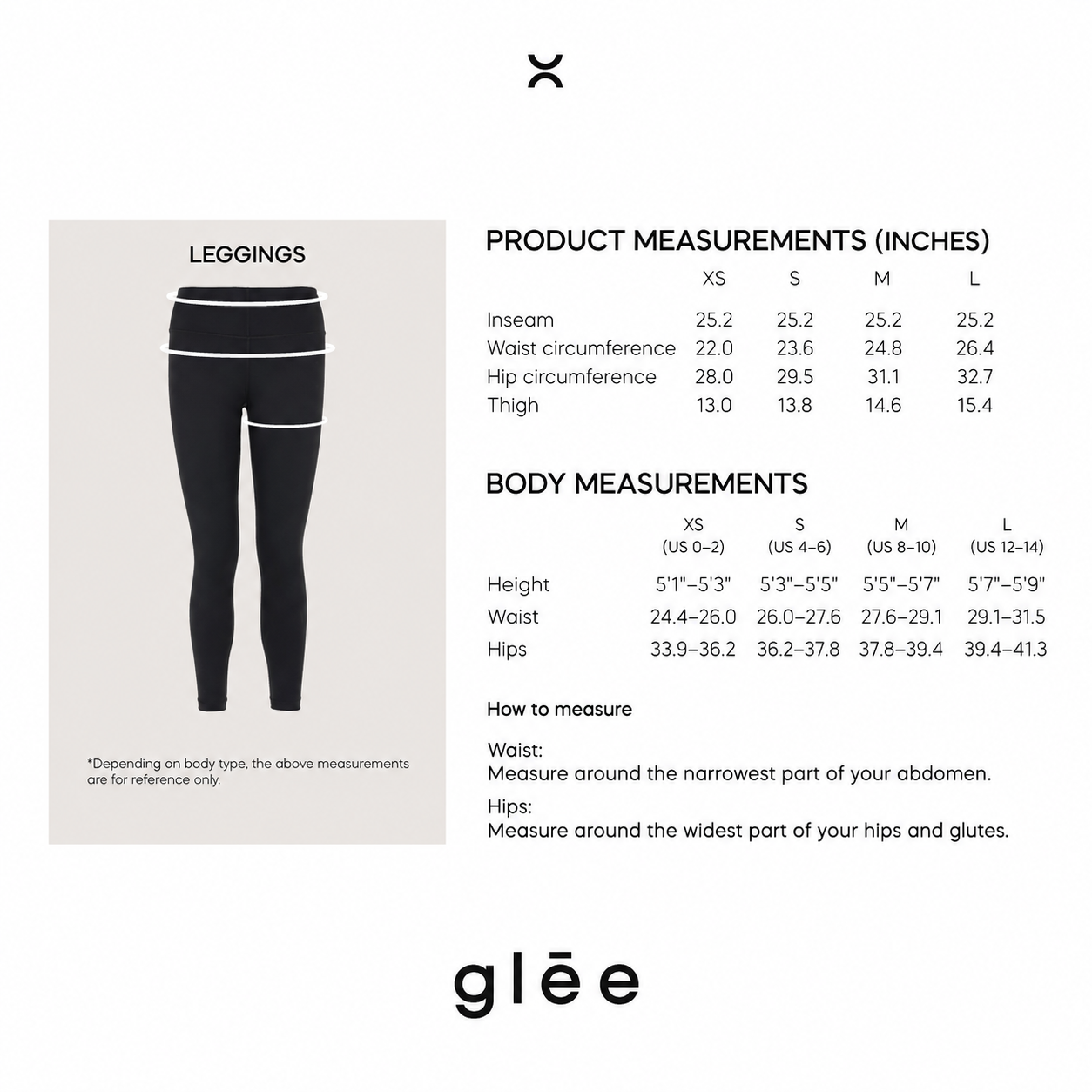 Be Fit x Glee leggings size guide with inseam, waist, hip and thigh measurements for sizes XS through L.