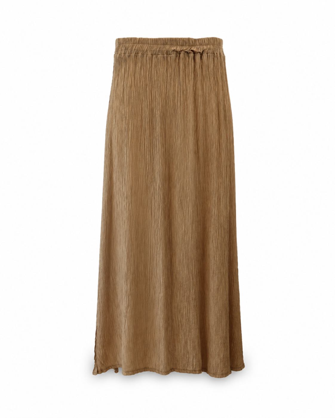 Front view of the Be Fit camel crinkle maxi skirt with an elastic drawstring waistband and flowing silhouette.