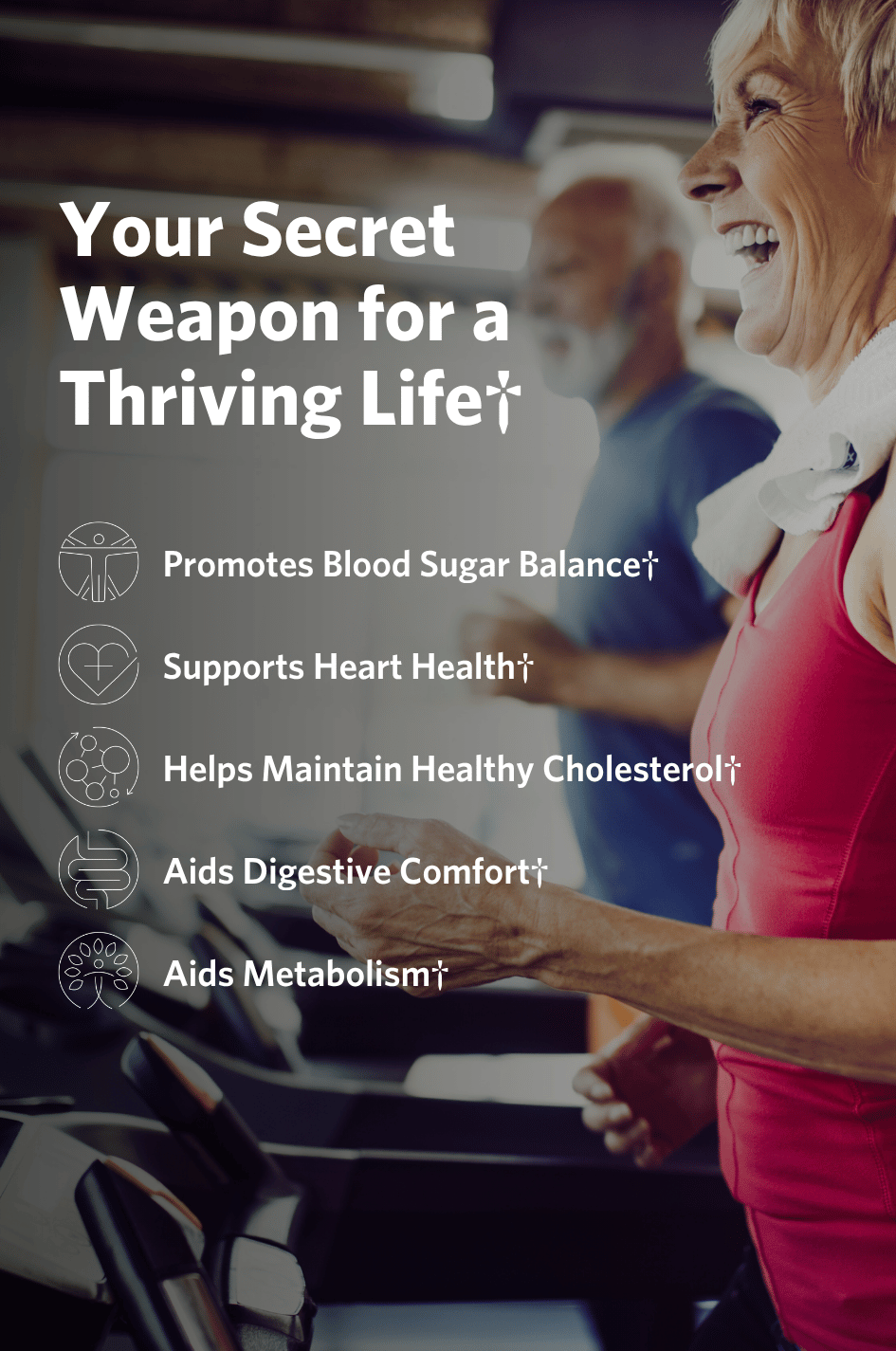 Couple exercising at the gym with text about the health benefits of Cooper Complete Berberine Supplements.
