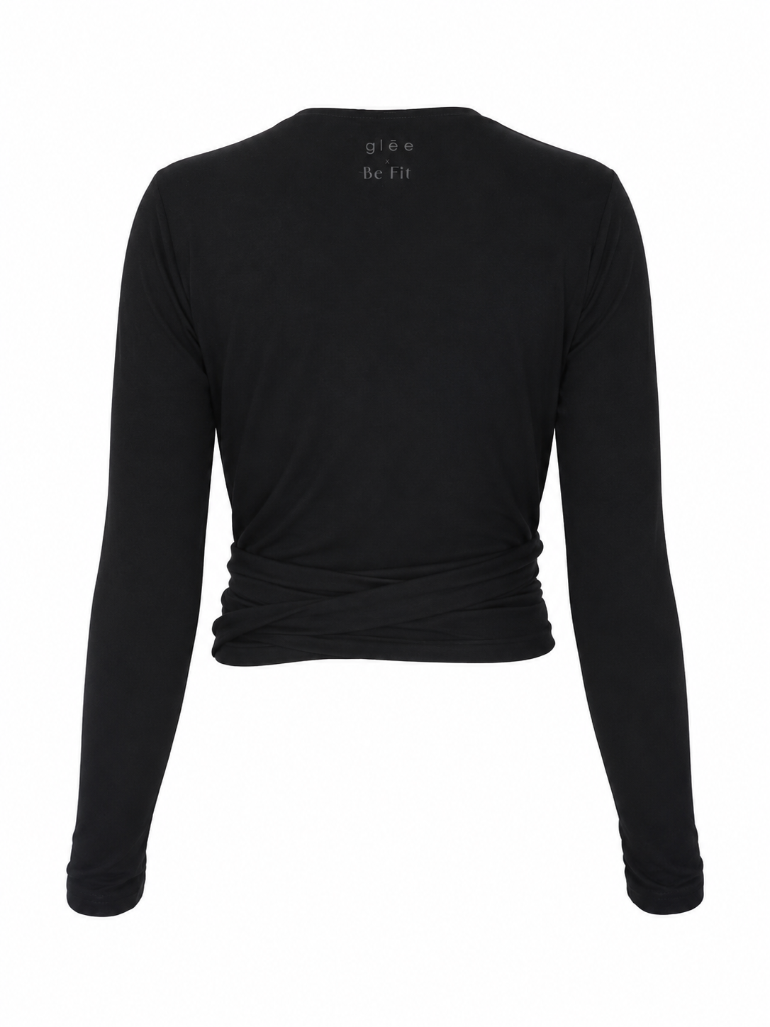 Back view of the black onyx Ballerina Wrap with long sleeves, and Glee x Be Fit logo below the neckline.