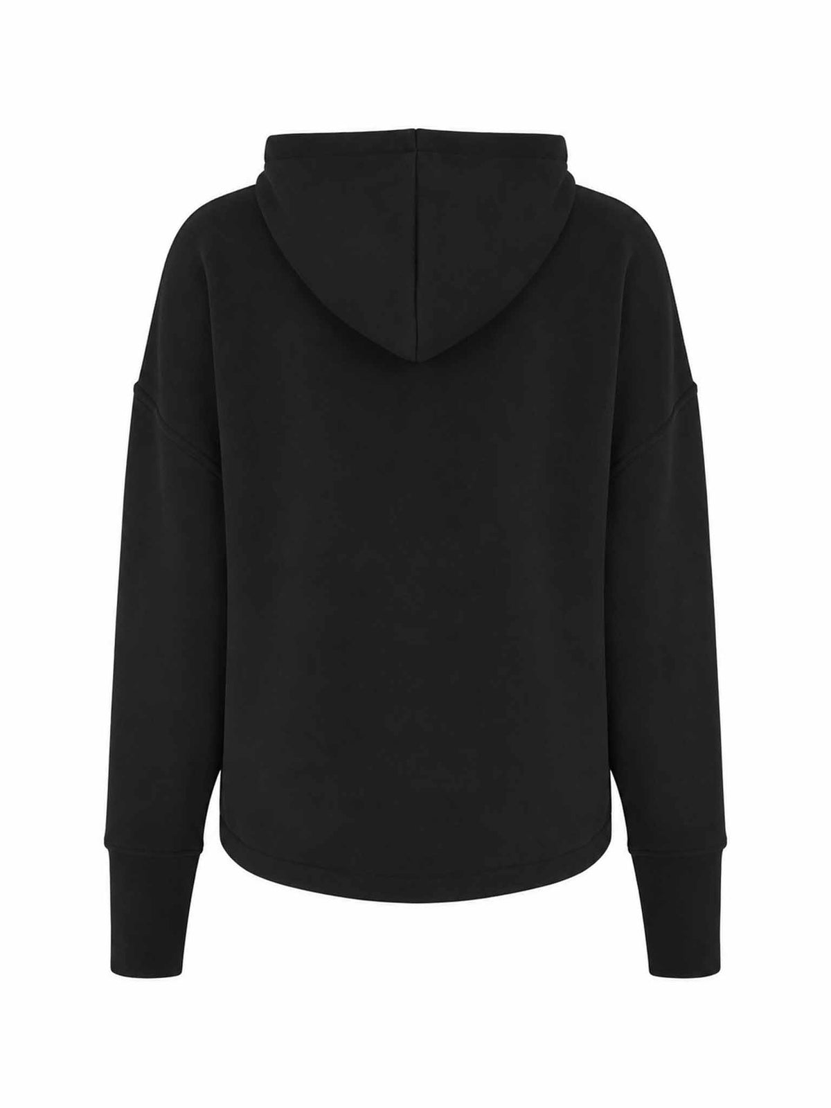 Back view of the Be Fit x Glee black Onyx Raincoat with a hood, dropped shoulders and curved hem.