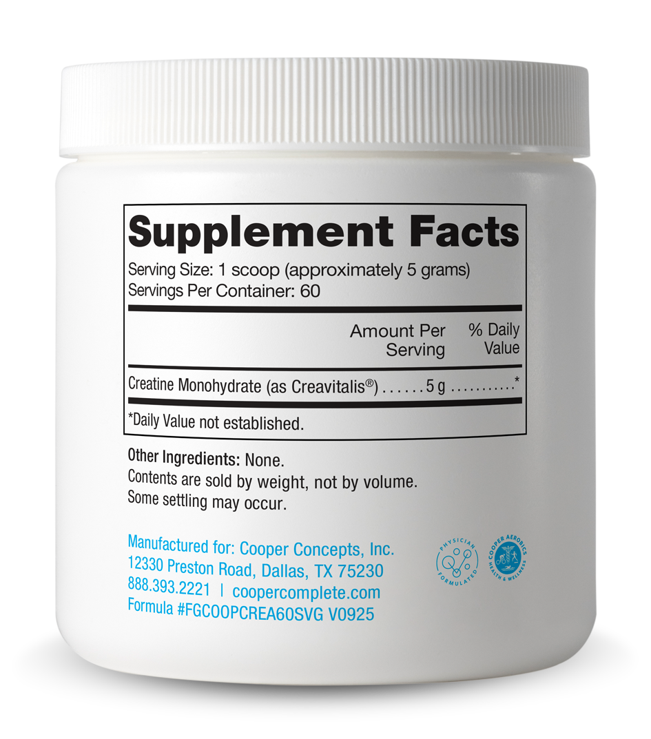 Cooper Complete Creatine Monohydrate (as Creavitalis) Supplement canister with label showing 'Supplement Facts' on a white background