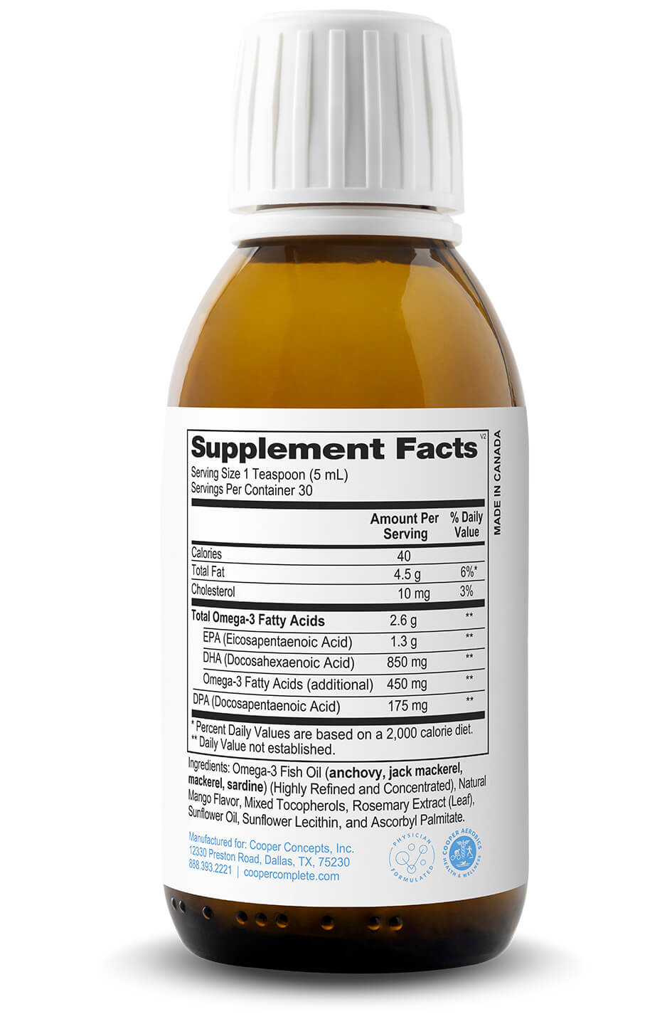 Cooper Complete Mango Flavored Liquid Advanced Omega-3 Supplement bottle with label showing 'Supplement Facts' on a white background
