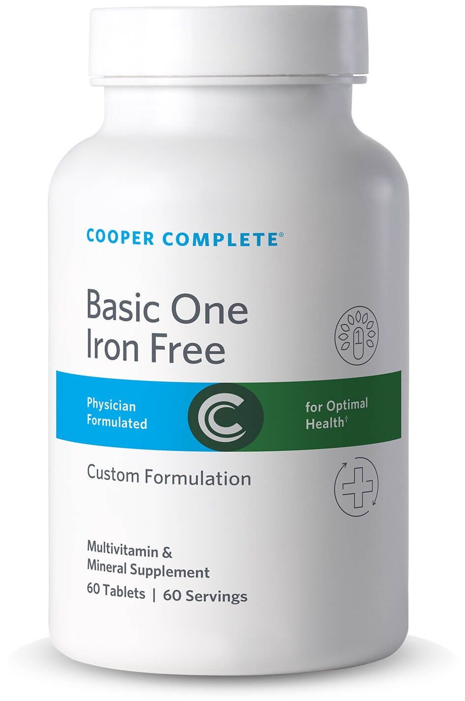 Cooper Complete Basic One Daily Multivitamin Iron Free Iron supplement bottle on a white background.