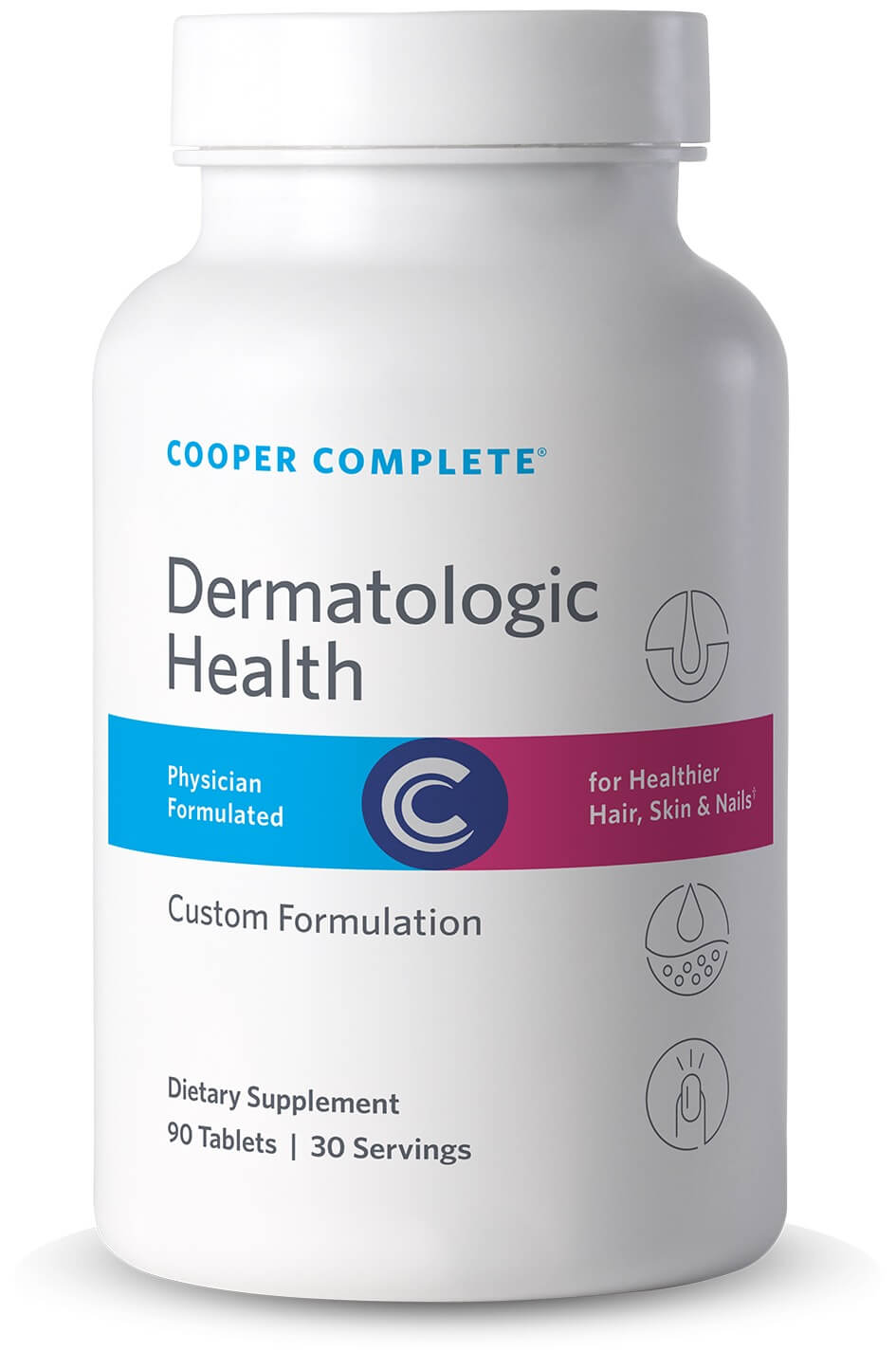 Cooper Complete Dermatologic Health dietary supplement bottle on a white background