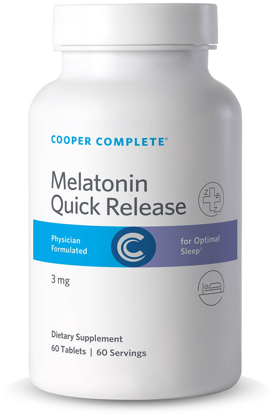 Bottle of Cooper Complete Melatonin Quick Release 3 mg supplement on a white background