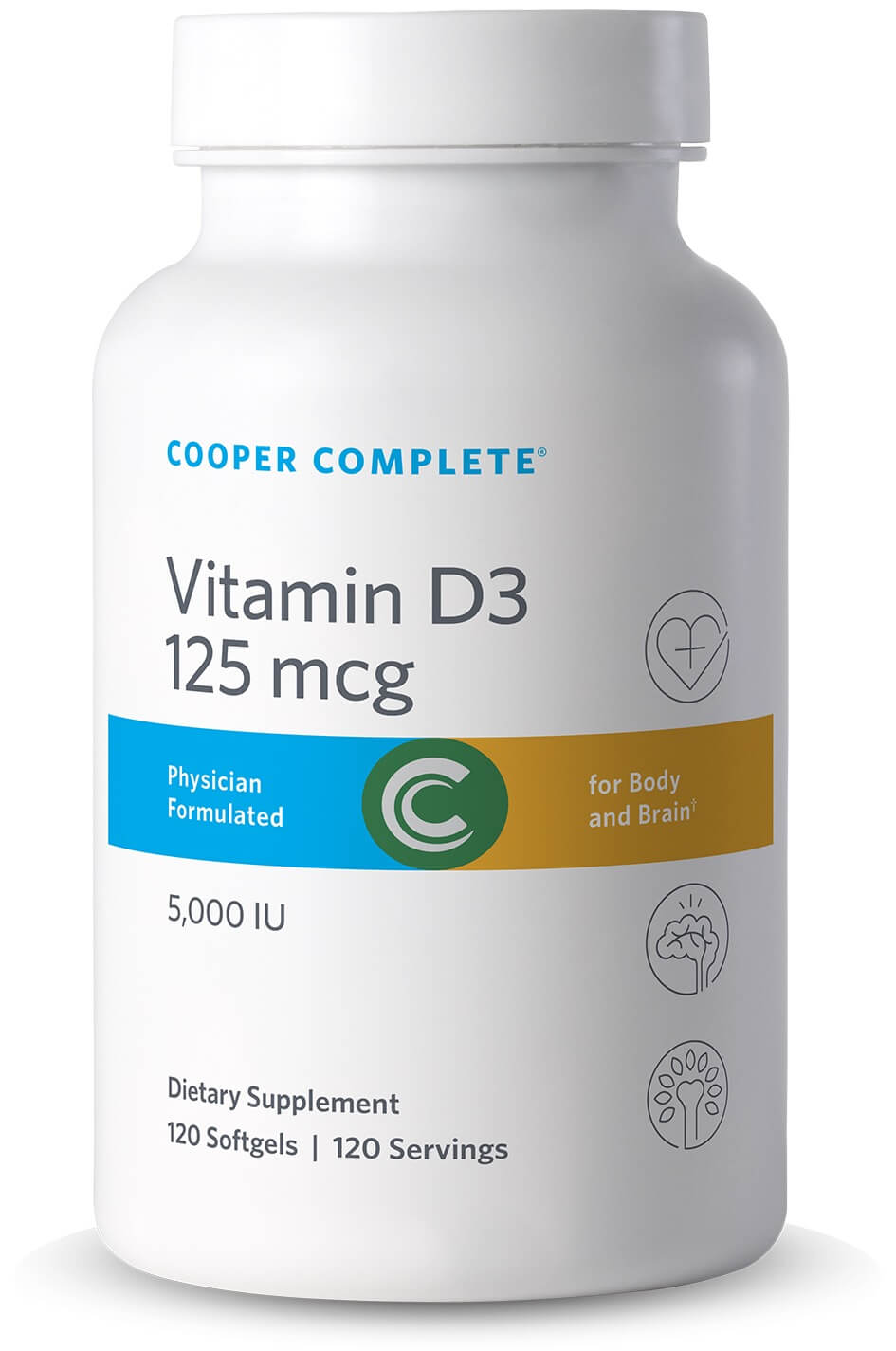 Cooper Complete Vitamin D3 125 mcg (5000 IU) supplement bottle on a white background