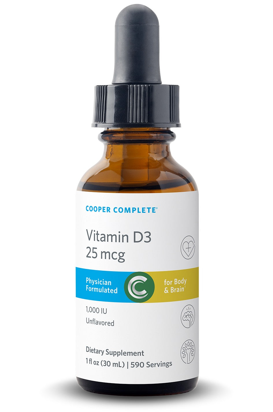 Cooper Complete Vitamin D3 Liquid Drops 25 mcg (1000 IU) bottle on a white background