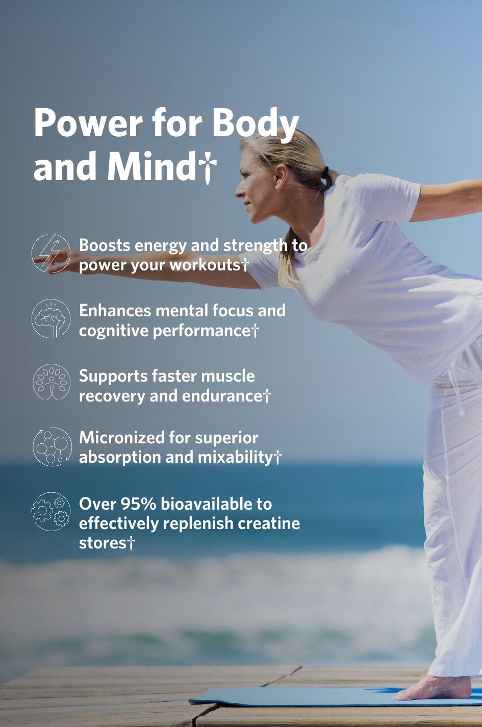 Person in white outfit practicing yoga with text about product benefits of Cooper Complete Creatine Monohydrate Creavitalis on a blue background