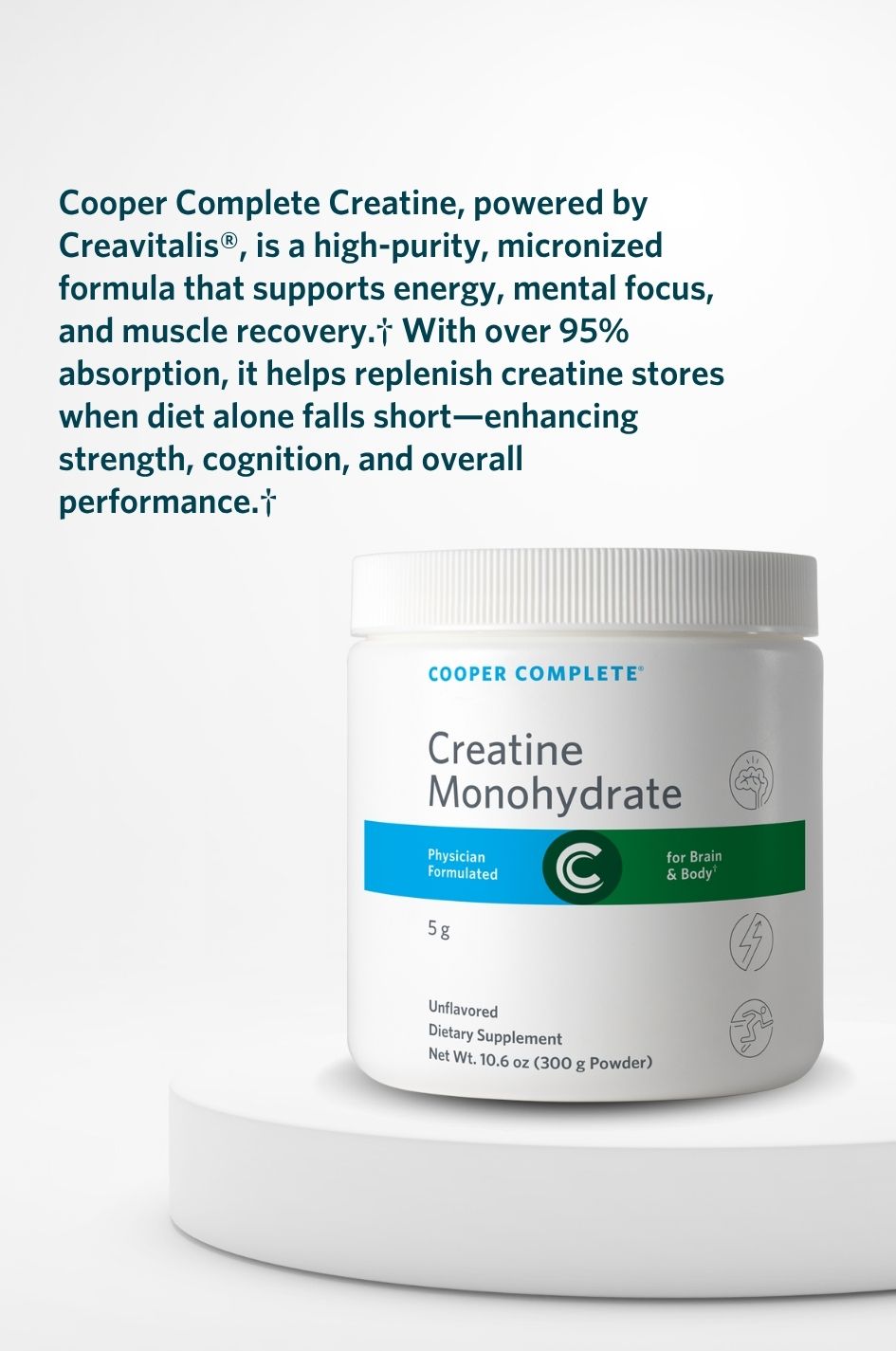 Cooper Complete Creatine Monohydrate supplement container with a product description on a white background