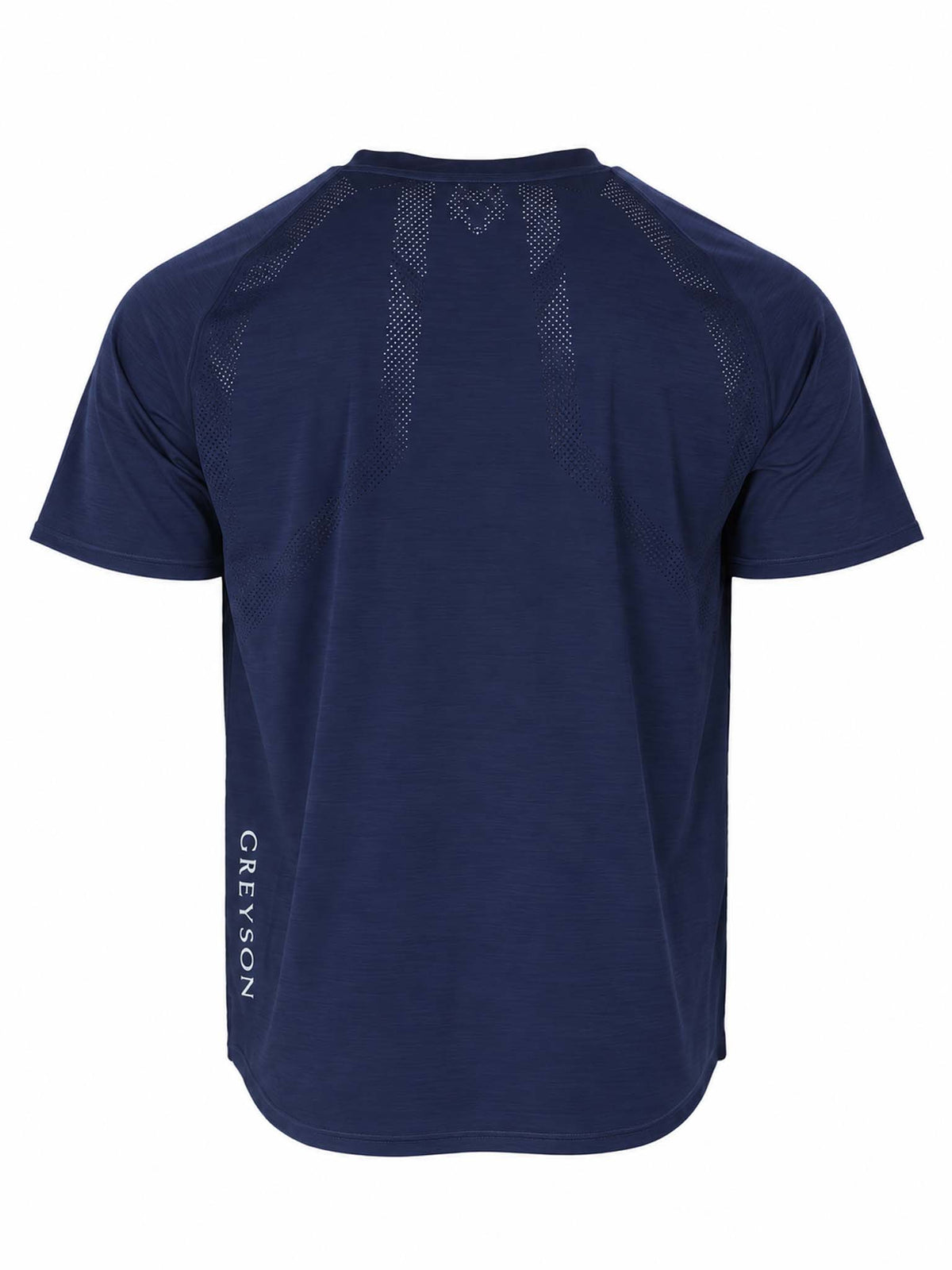 Back view of Cooper Fitness Center Logo Falcon Sport Short Sleeve Tee in Maltese Blue with light grey Greyson logo.