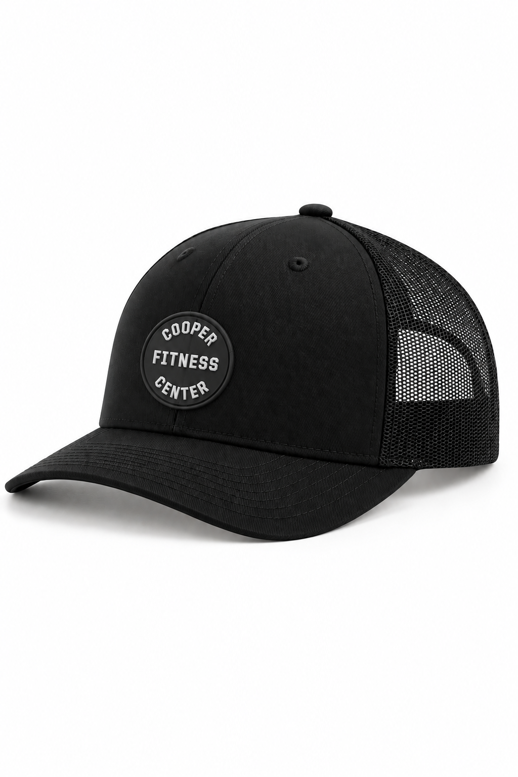 Angled view of CFC Snapback Logo Hat in White with circular Cooper Fitness Center Logo.