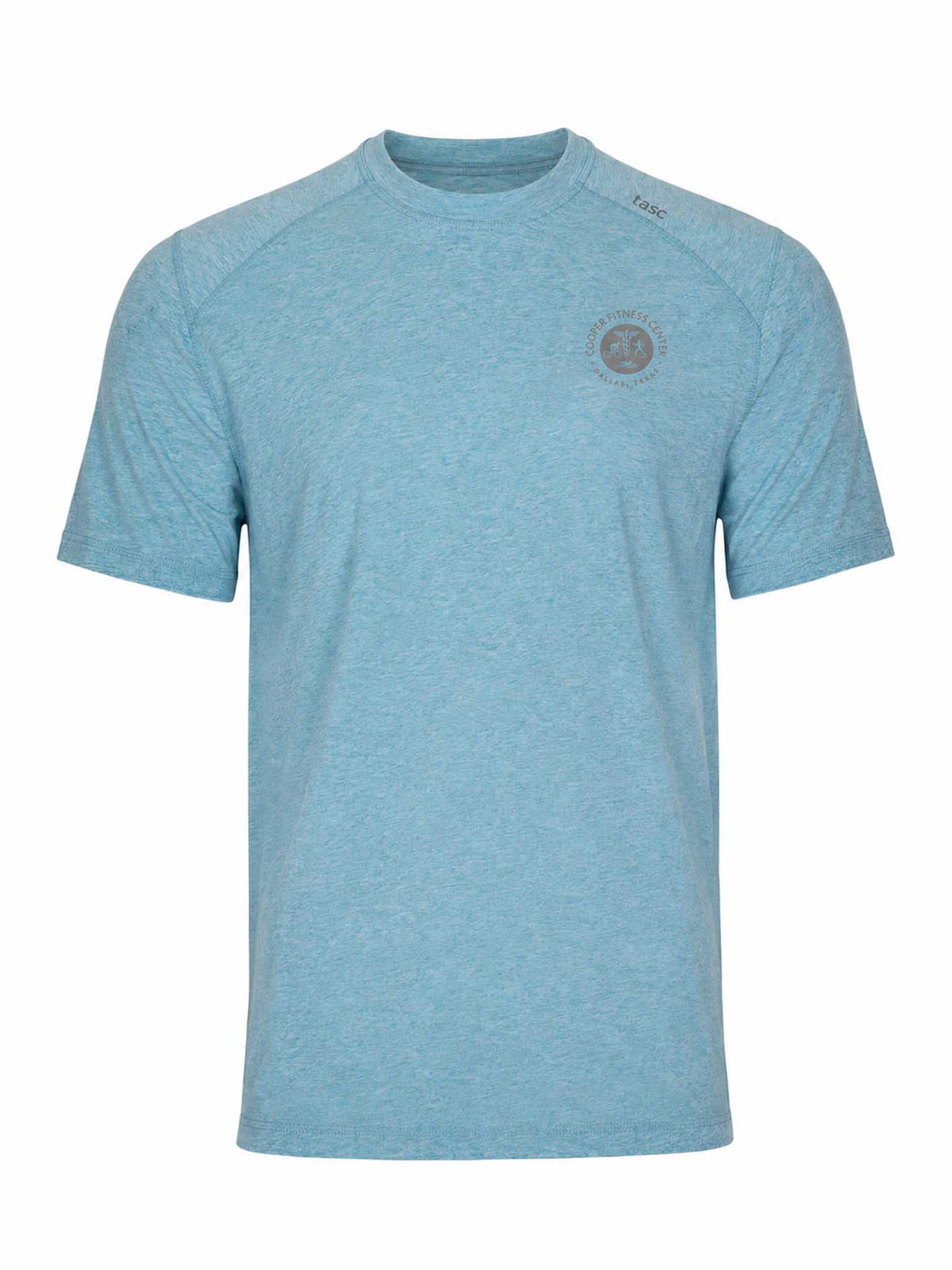 Cooper Fitness Center Carrollton Tee in Waterfall Heather with silver chest logo, front view.