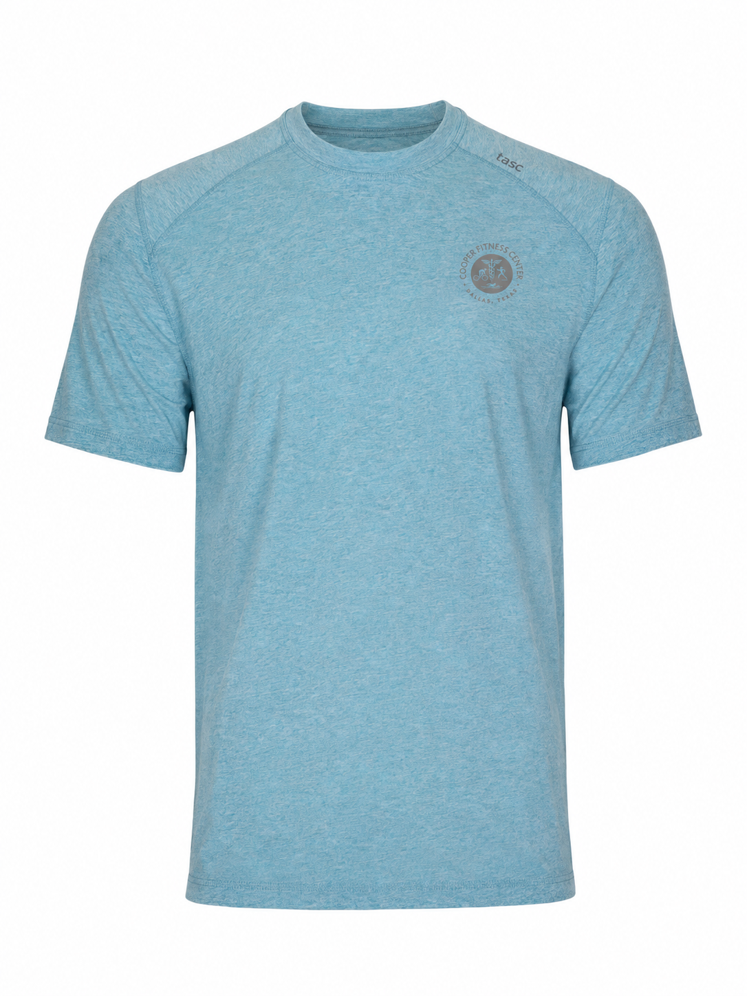 Cooper Fitness Center Carrollton Tee in Waterfall Heather with silver chest logo, front view.
