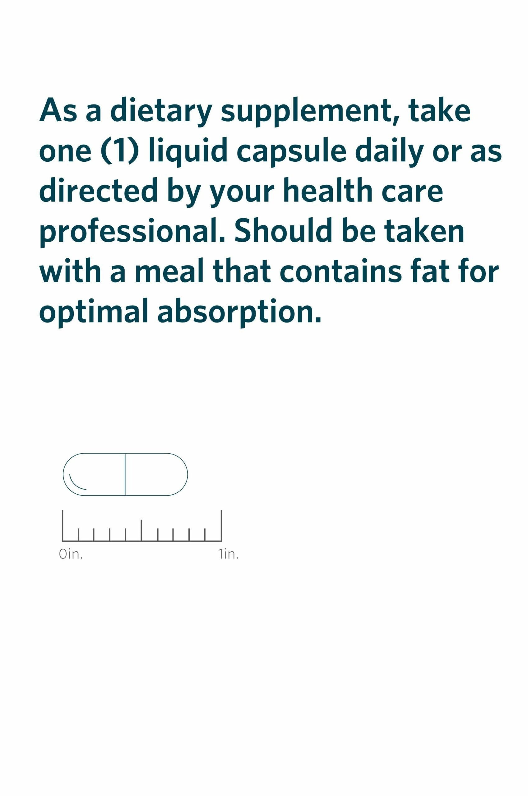 Serving directions and actual-size illustration for Cooper Complete 100 mg CoQ10 Ubiquinol supplement.