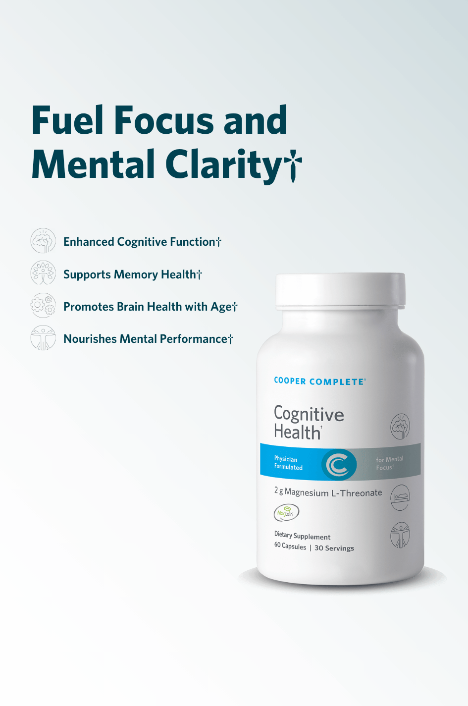 Cooper Complete Cognitive Health Magnesium L-Threonate supplement bottle with key product benefits.
