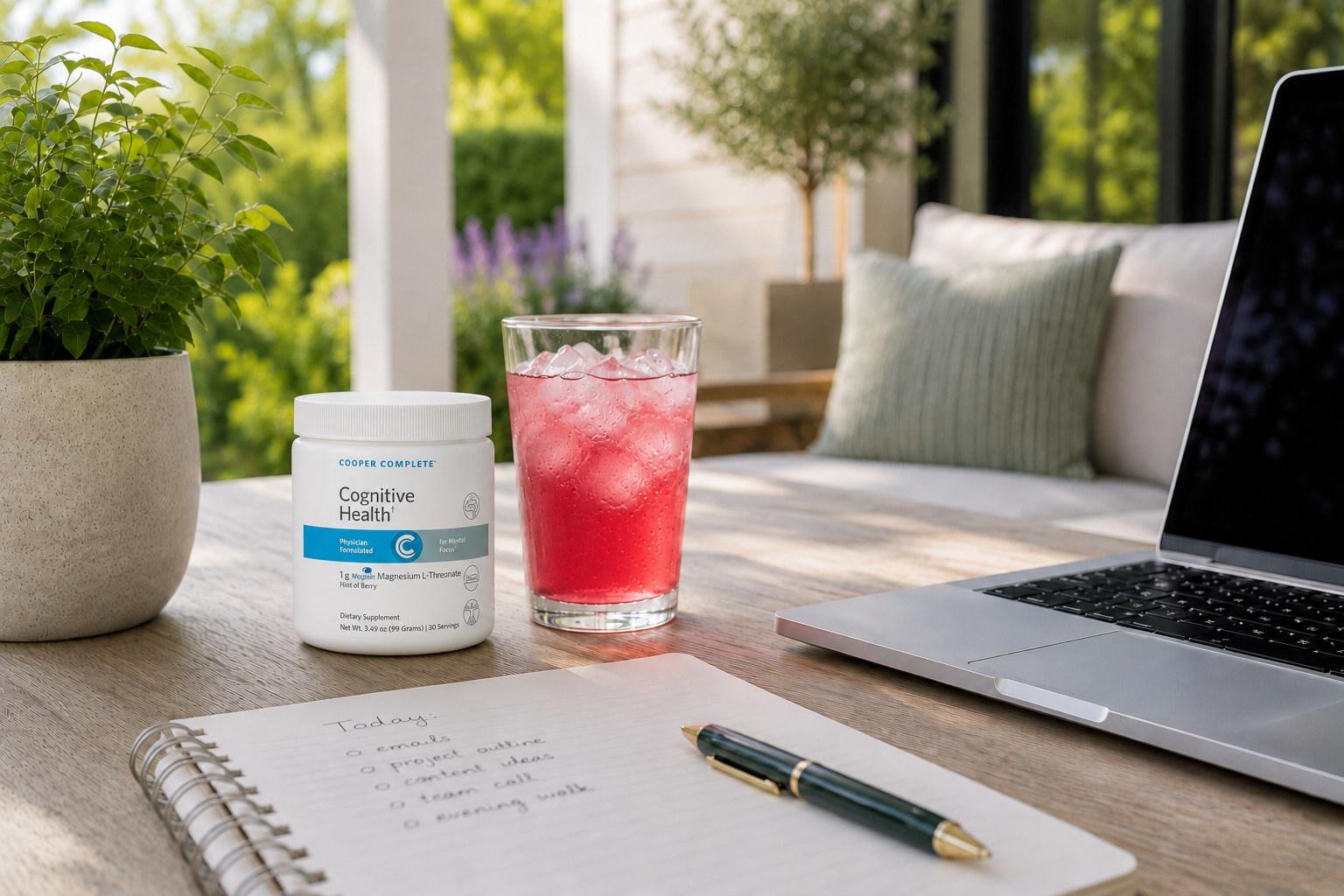 A canister of Cooper Complete Cognitive Health supplement sits on a wooden table next to a glass of pink iced drink, a notebook with a pen, and an open laptop in a bright, modern home outdoor setting.